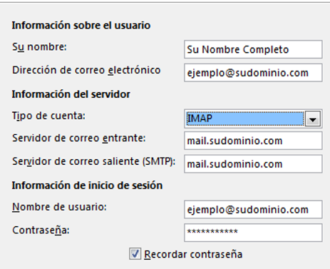 Datos de usuario IMAP