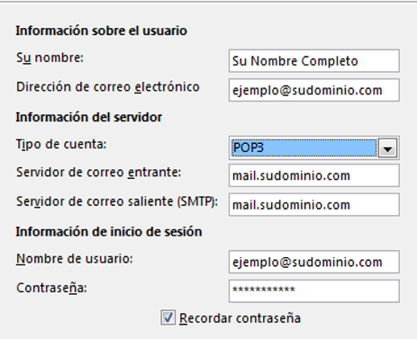 Datos de usuario POP3